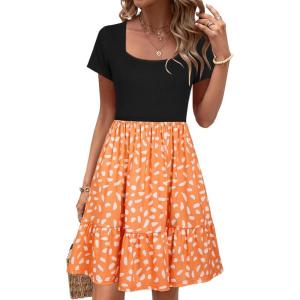 Newshows Women 2025 Summer Dress Square Neck Formal Short Sleeve Business Casual Outfits Ruffle Spring Pockets Sundress(Orange Floral White)