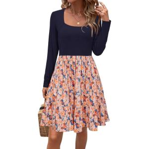Newshows Women 2025 Summer Dress Square Neck Formal Short Sleeve Business Casual Outfits Ruffle Spring Pockets Sundress(Orange Navy Blue Floral-4085)