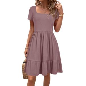 Newshows Women 2025 Summer Dress Square Neck Formal Short Sleeve Business Casual Outfits Ruffle Spring Pockets Sundress(Purple)