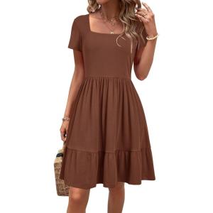 Newshows Women 2025 Summer Dress Square Neck Formal Short Sleeve Business Casual Outfits Ruffle Spring Pockets Sundress(Red Brown)