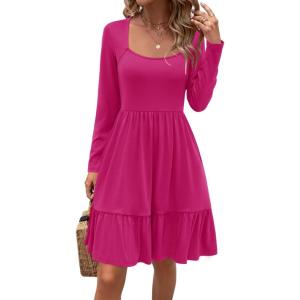 Newshows Women 2025 Summer Dress Square Neck Formal Short Sleeve Business Casual Outfits Ruffle Spring Pockets Sundress(Rosered-4006)