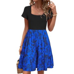 Newshows Women 2025 Summer Dress Square Neck Formal Short Sleeve Business Casual Outfits Ruffle Spring Pockets Sundress(Royal Floral Black)