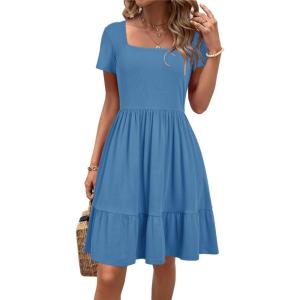 Newshows Women 2025 Summer Dress Square Neck Formal Short Sleeve Business Casual Outfits Ruffle Spring Pockets Sundress(Sky Blue)