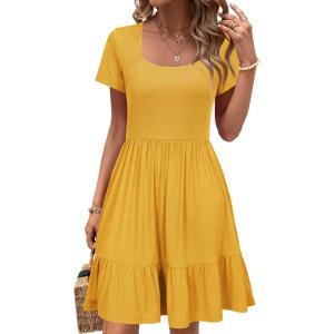 Newshows Women 2025 Summer Dress Square Neck Formal Short Sleeve Business Casual Outfits Ruffle Spring Pockets Sundress(Yellow)