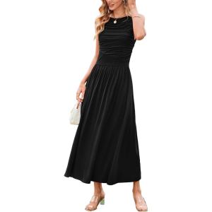 Newshows Women 2025 Summer Maxi Dresses Vacation Ruched Boat Neck Tank Flowy Elegant Party Long Formal Dress Pockets(Black)