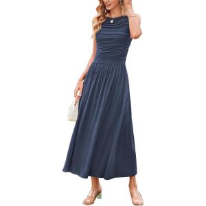 Newshows Women 2025 Summer Maxi Dresses Vacation Ruched Boat Neck Tank Flowy Elegant Party Long Formal Dress Pockets(Gray Blue)