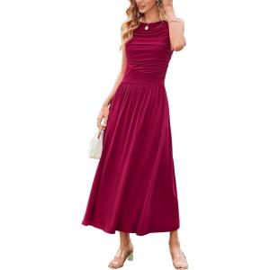 Newshows Women 2025 Summer Maxi Dresses Vacation Ruched Boat Neck Tank Flowy Elegant Party Long Formal Dress Pockets(Red)