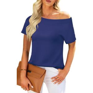 Newshows Women Off Shoulder/Crewneck 2025 Summer Blouses Tops Business Casual Outfits Trendy(Navy Blue)