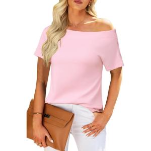 Newshows Women Off Shoulder/Crewneck 2025 Summer Blouses Tops Business Casual Outfits Trendy(Pink)