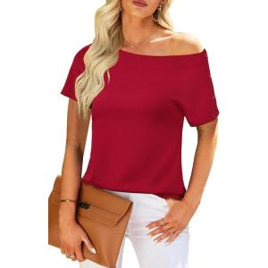 Newshows Women Off Shoulder/Crewneck 2025 Summer Blouses Tops Business Casual Outfits Trendy(Red)
