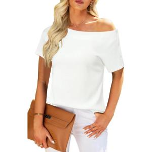 Newshows Women Off Shoulder/Crewneck 2025 Summer Blouses Tops Business Casual Outfits Trendy(White)