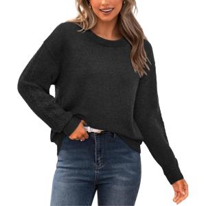 Newshows Womens 2024 Fall Sweater Wool Crewneck Winter Fashion Cable Knit Long Sleeve Business Casual Outfits Pullover Tops(Black)