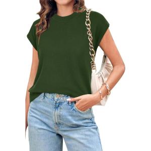 Newshows Womens 2024 Summer Tops Spring Sweater Vest Cap Sleeve Crewneck Business Casual Outfits Knit Dressy Shirts Trendy(Army Green)