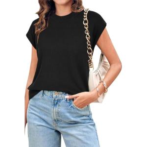 Newshows Womens 2024 Summer Tops Spring Sweater Vest Cap Sleeve Crewneck Business Casual Outfits Knit Dressy Shirts Trendy(Black)