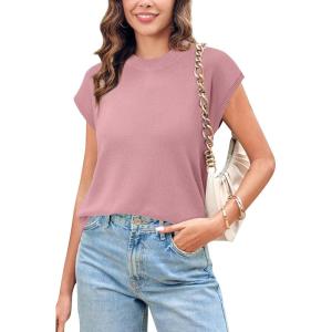 Newshows Womens 2024 Summer Tops Spring Sweater Vest Cap Sleeve Crewneck Business Casual Outfits Knit Dressy Shirts Trendy(Pink)