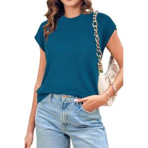 Newshows Womens 2024 Summer Tops Spring Sweater Vest Cap Sleeve Crewneck Business Casual Outfits Knit Dressy Shirts Trendy(Teal Blue)