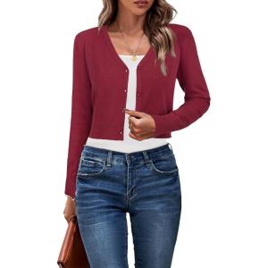 Newshows Womens 2025 Fall Cropped Cardigan Fashion Knit Bolero Shrug Long Sleeve V Neck Business Casual Sweater(Dark Red)