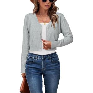 Newshows Womens 2025 Fall Cropped Cardigan Fashion Knit Bolero Shrug Long Sleeve V Neck Business Casual Sweater(Light Gray)
