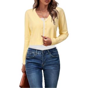 Newshows Womens 2025 Fall Cropped Cardigan Fashion Knit Bolero Shrug Long Sleeve V Neck Business Casual Sweater(Light Yellow)