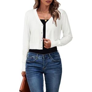 Newshows Womens 2025 Fall Cropped Cardigan Fashion Knit Bolero Shrug Long Sleeve V Neck Business Casual Sweater(Off-white)