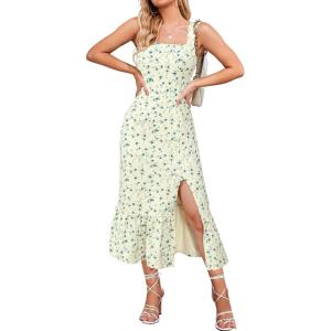 Newshows Womens 2025 Summer Beach Floral Midi Dress Spring Vacation Outfits Square Neck Ruffle Split Sundress(Blue Floral)