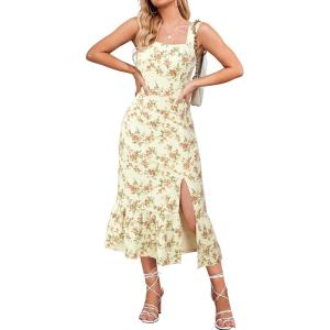 Newshows Womens 2025 Summer Beach Floral Midi Dress Spring Vacation Outfits Square Neck Ruffle Split Sundress(Pink Rose)