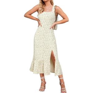 Newshows Womens 2025 Summer Beach Floral Midi Dress Spring Vacation Outfits Square Neck Ruffle Split Sundress(Red Blue Floral)