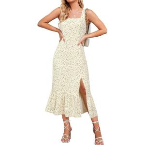 Newshows Womens 2025 Summer Beach Floral Midi Dress Spring Vacation Outfits Square Neck Ruffle Split Sundress(Red Orange Floral)