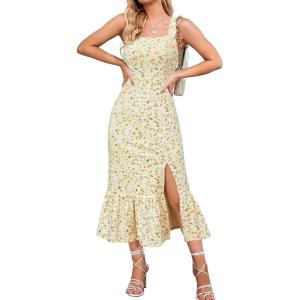 Newshows Womens 2025 Summer Beach Floral Midi Dress Spring Vacation Outfits Square Neck Ruffle Split Sundress(Yellow Jasmine)