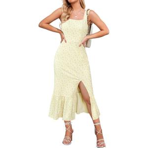 Newshows Womens 2025 Summer Beach Floral Midi Dress Spring Vacation Outfits Square Neck Ruffle Split Sundress(Yellow Rose)