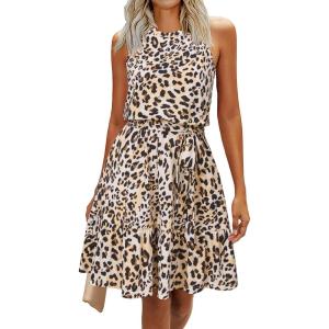 Newshows Womens 2025 Summer Dress Halter Wedding Guest Casual Beach Vacation Outfits Belted Sundresses with Pockets(Black Leopard)