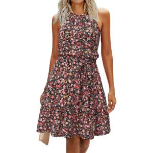 Newshows Womens 2025 Summer Dress Halter Wedding Guest Casual Beach Vacation Outfits Belted Sundresses with Pockets(Black Red Floral)