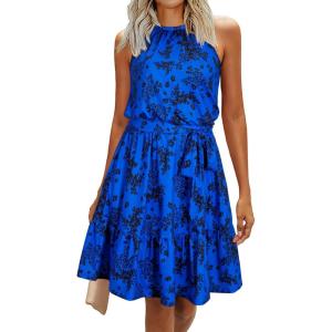 Newshows Womens 2025 Summer Dress Halter Wedding Guest Casual Beach Vacation Outfits Belted Sundresses with Pockets(Blue Floral Black)