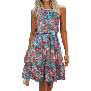 Newshows Womens 2025 Summer Dress Halter Wedding Guest Casual Beach Vacation Outfits Belted Sundresses with Pockets(Colorful Floral Red)