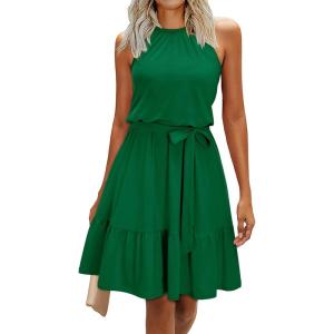 Newshows Womens 2025 Summer Dress Halter Wedding Guest Casual Beach Vacation Outfits Belted Sundresses with Pockets(Dark Green)