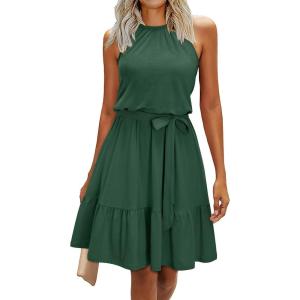 Newshows Womens 2025 Summer Dress Halter Wedding Guest Casual Beach Vacation Outfits Belted Sundresses with Pockets(Gray Green)