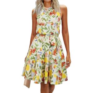 Newshows Womens 2025 Summer Dress Halter Wedding Guest Casual Beach Vacation Outfits Belted Sundresses with Pockets(Green Floral Yellow)