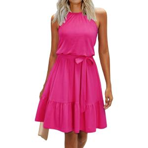 Newshows Womens 2025 Summer Dress Halter Wedding Guest Casual Beach Vacation Outfits Belted Sundresses with Pockets(Hot Pink)