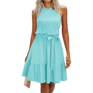 Newshows Womens 2025 Summer Dress Halter Wedding Guest Casual Beach Vacation Outfits Belted Sundresses with Pockets(Lake Green)