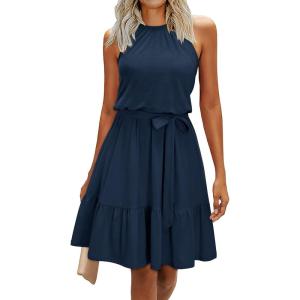 Newshows Womens 2025 Summer Dress Halter Wedding Guest Casual Beach Vacation Outfits Belted Sundresses with Pockets(Navy Blue)
