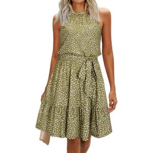 Newshows Womens 2025 Summer Dress Halter Wedding Guest Casual Beach Vacation Outfits Belted Sundresses with Pockets(Olive Green Floral White)