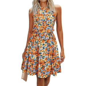 Newshows Womens 2025 Summer Dress Halter Wedding Guest Casual Beach Vacation Outfits Belted Sundresses with Pockets(Orange Floral Yellow)