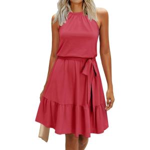 Newshows Womens 2025 Summer Dress Halter Wedding Guest Casual Beach Vacation Outfits Belted Sundresses with Pockets(Peach)