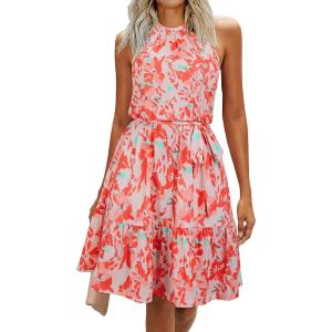 Newshows Womens 2025 Summer Dress Halter Wedding Guest Casual Beach Vacation Outfits Belted Sundresses with Pockets(Pink Floral Orange)