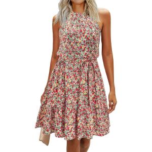 Newshows Womens 2025 Summer Dress Halter Wedding Guest Casual Beach Vacation Outfits Belted Sundresses with Pockets(Red Floral Yellow)