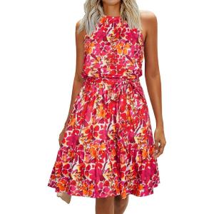 Newshows Womens 2025 Summer Dress Halter Wedding Guest Casual Beach Vacation Outfits Belted Sundresses with Pockets(Rose Floral Orange)