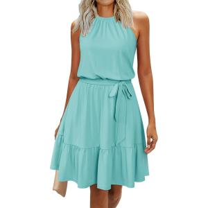 Newshows Womens 2025 Summer Dress Halter Wedding Guest Casual Beach Vacation Outfits Belted Sundresses with Pockets(Sky Blue)