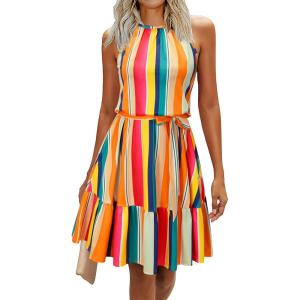 Newshows Womens 2025 Summer Dress Halter Wedding Guest Casual Beach Vacation Outfits Belted Sundresses with Pockets(Stripe Floral Red)