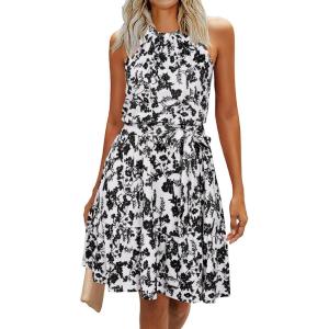 Newshows Womens 2025 Summer Dress Halter Wedding Guest Casual Beach Vacation Outfits Belted Sundresses with Pockets(White Floral Black)