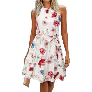 Newshows Womens 2025 Summer Dress Halter Wedding Guest Casual Beach Vacation Outfits Belted Sundresses with Pockets(White Floral Red)